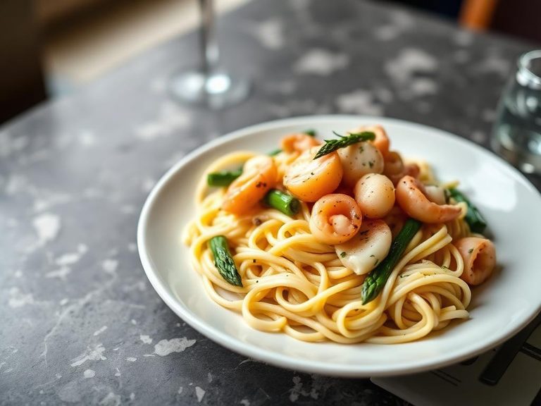 Alfredo-style Seafood Pasta with Asparagus