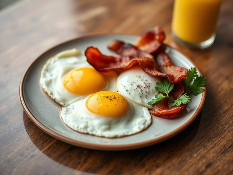 American breakfast plate with eggs and bacon
