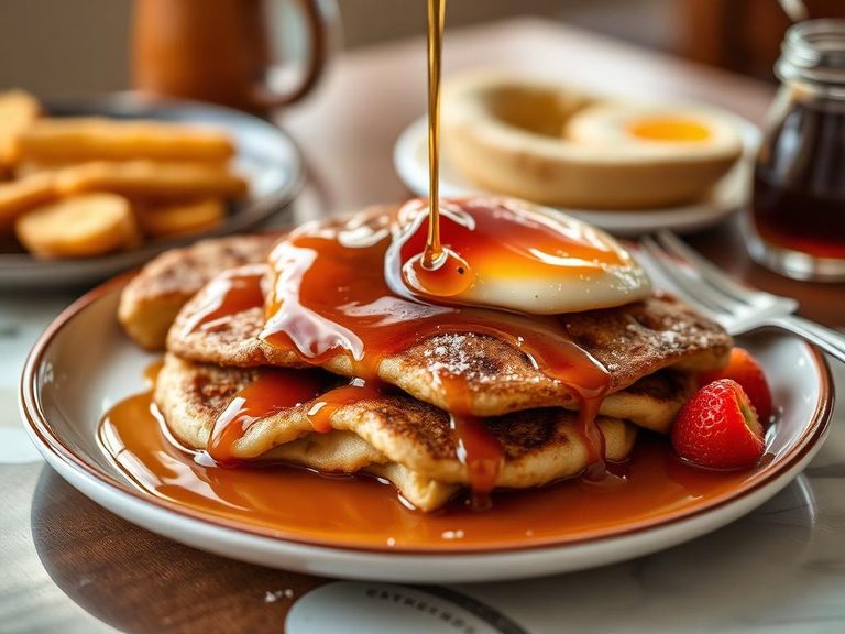 American breakfast platter with maple syrup