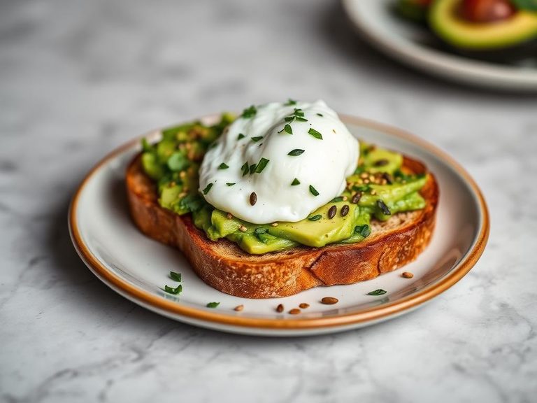 Avocado toast with seeds and a poached egg