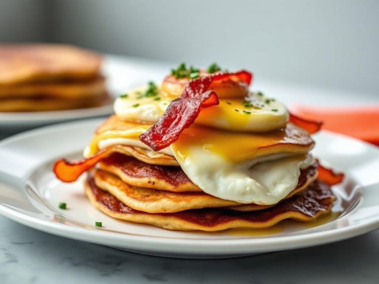 Bacon, egg, and cheese pancake stack