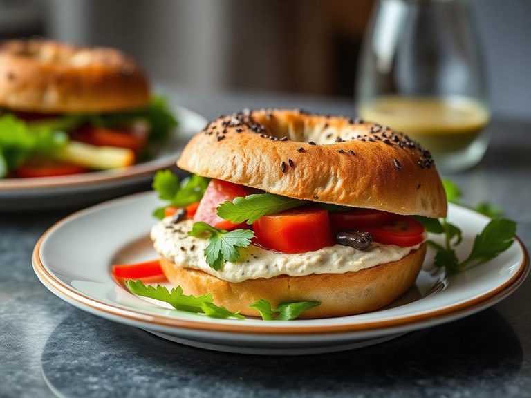 Bagel with hummus and vegetables
