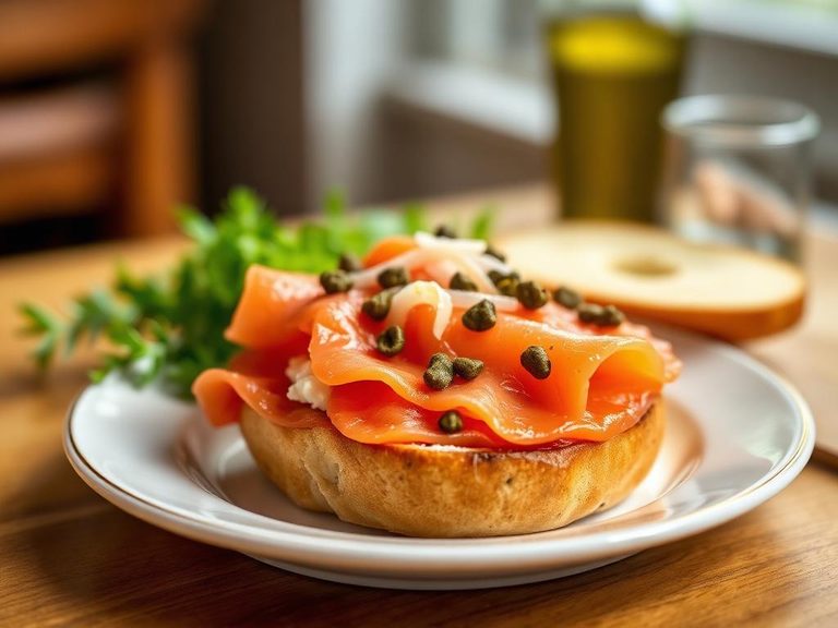 Bagel with lox, cream cheese, capers, and onion