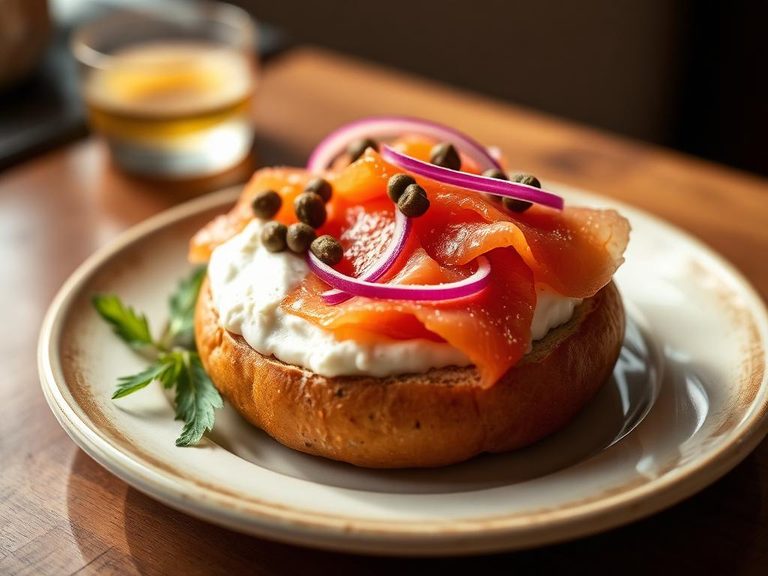 Bagel with lox, cream cheese, capers, and red onion
