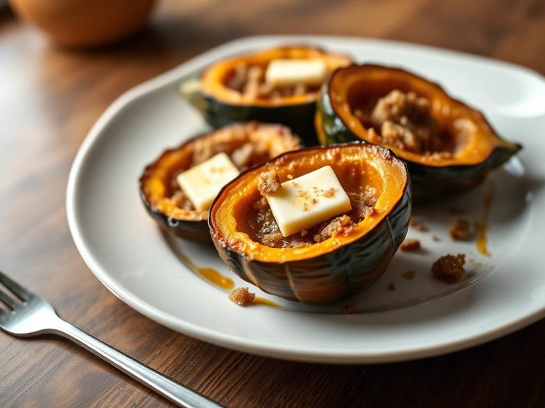 Baked acorn squash halves with butter and brown sugar