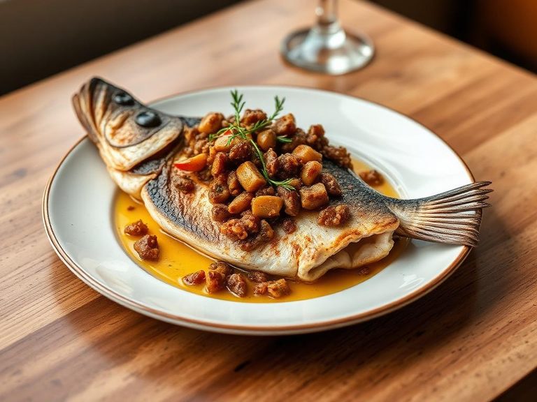 Baked bass with olive tapenade