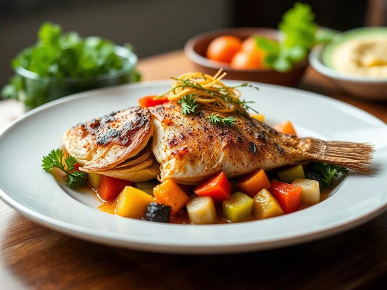 Baked croaker with vegetables