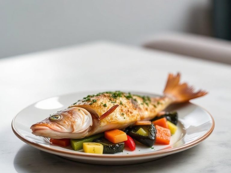Baked perch with herbs and vegetables