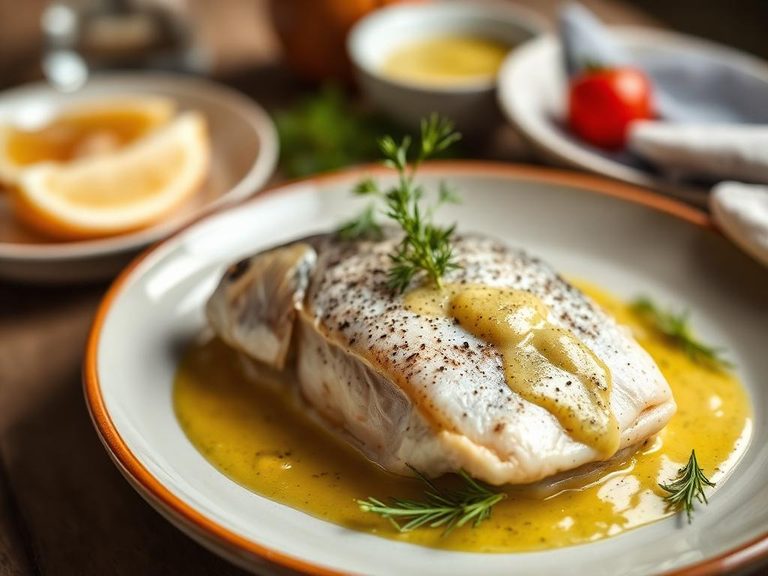 Baked trout with a mustard-dill sauce