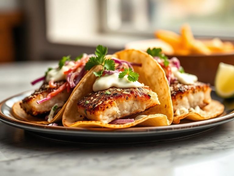 Bass tacos with slaw and crema