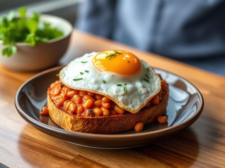 Beans on toast with a fried egg