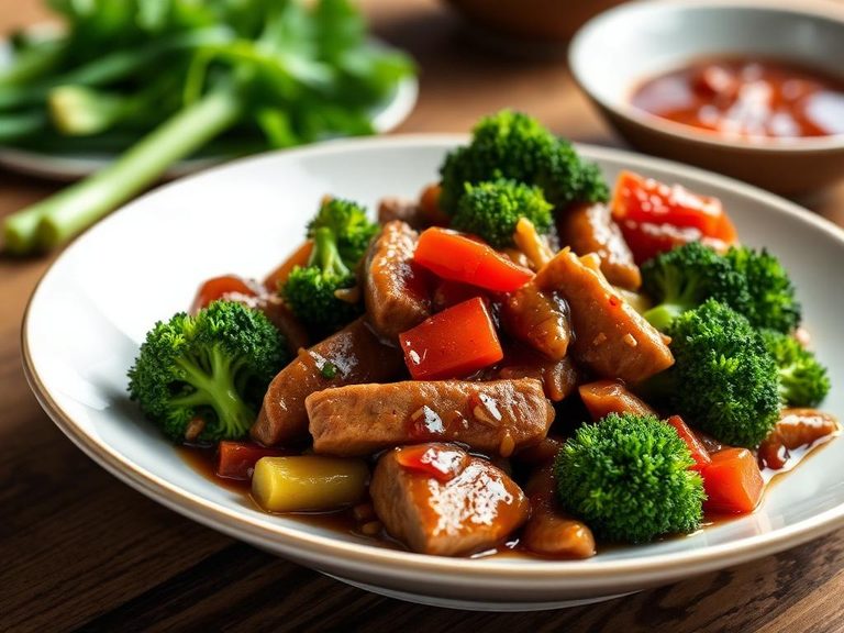 Beef and broccoli with sweet and sour sauce