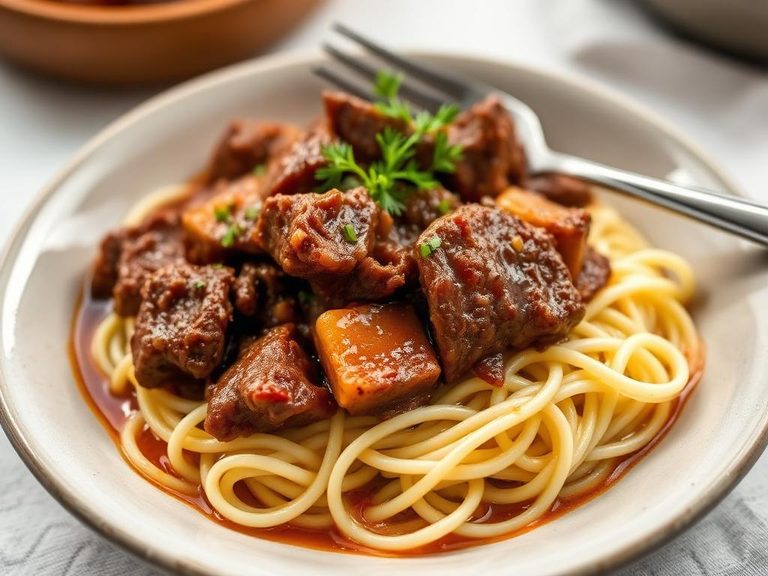 Beef and Lamb Stew over Egg Noodles
