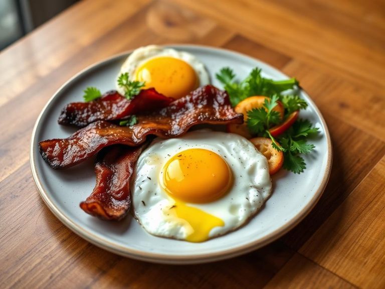 Beef bacon and eggs breakfast plate
