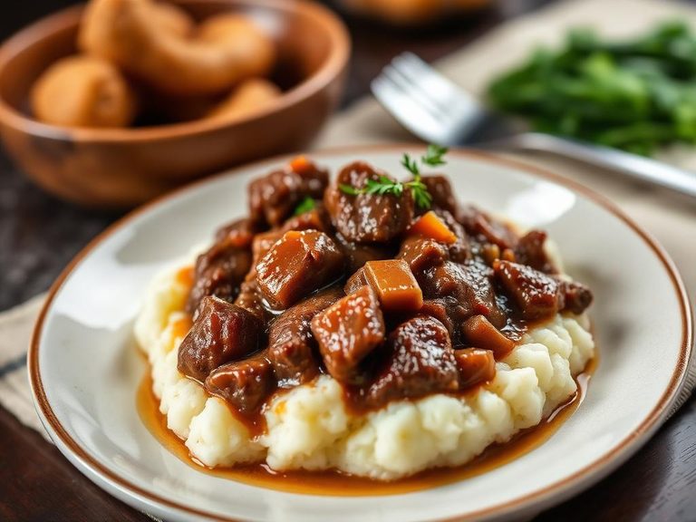 Beef Stew over Mashed Potatoes