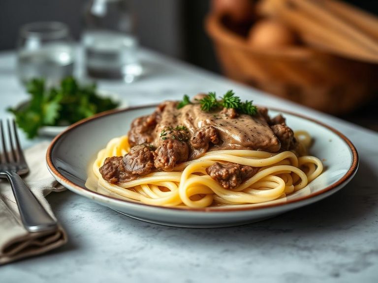Beef Stroganoff over Egg Noodles