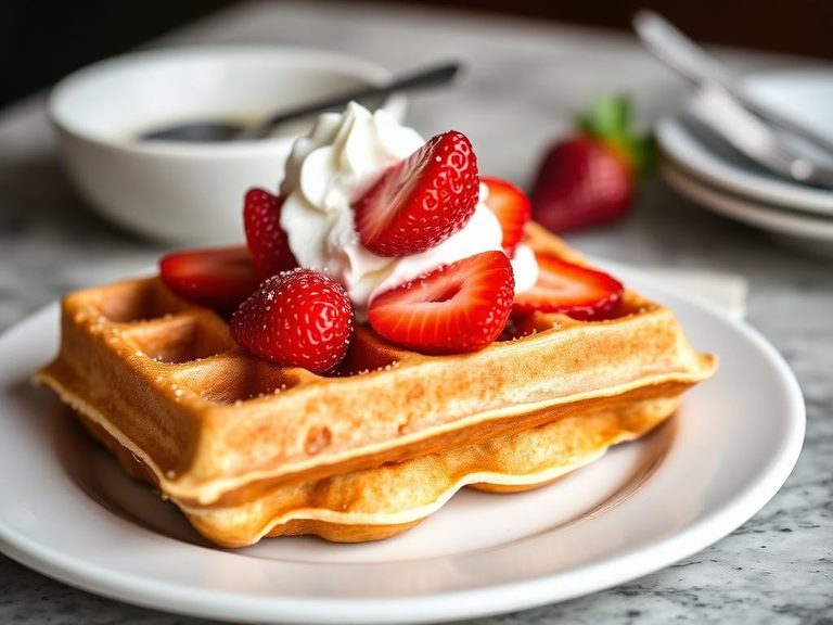 Belgian Waffle with Strawberries and Cream