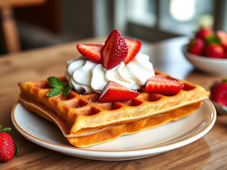 Belgian waffle with strawberries and whipped cream