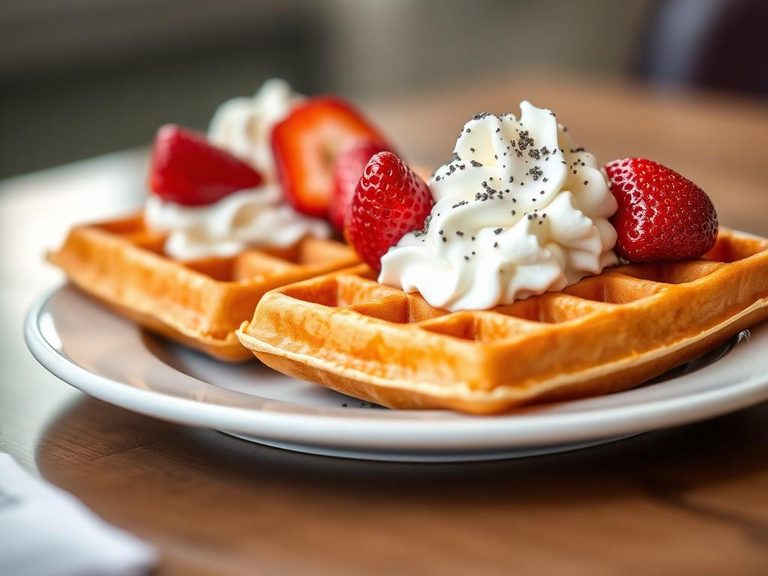 Belgian waffles with whipped cream and strawberries