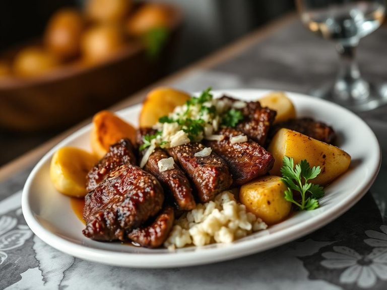 Bistec Encebollado con Papas