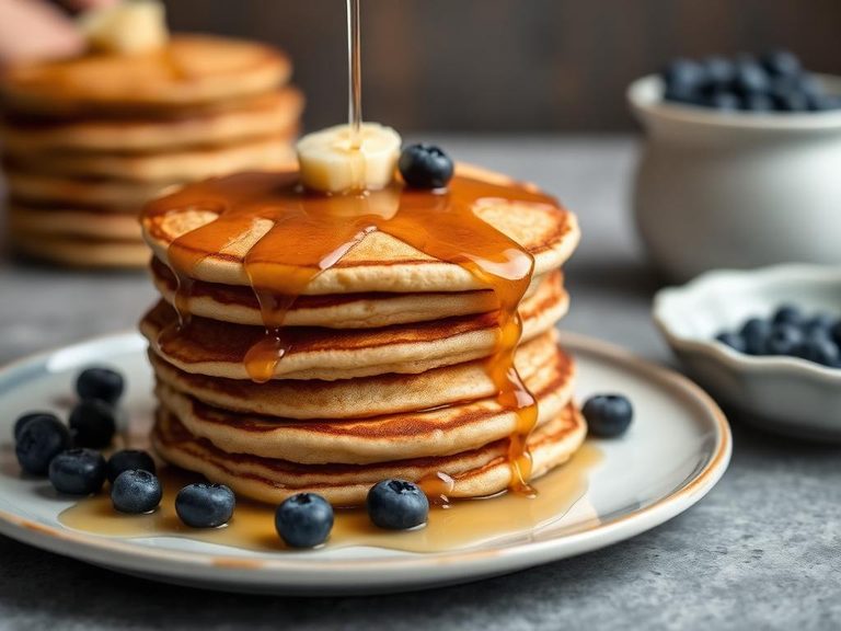 Blueberry pancake stacks with maple syrup