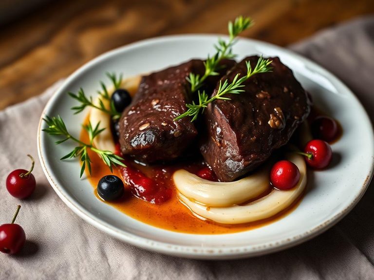 Braised moose liver with berries