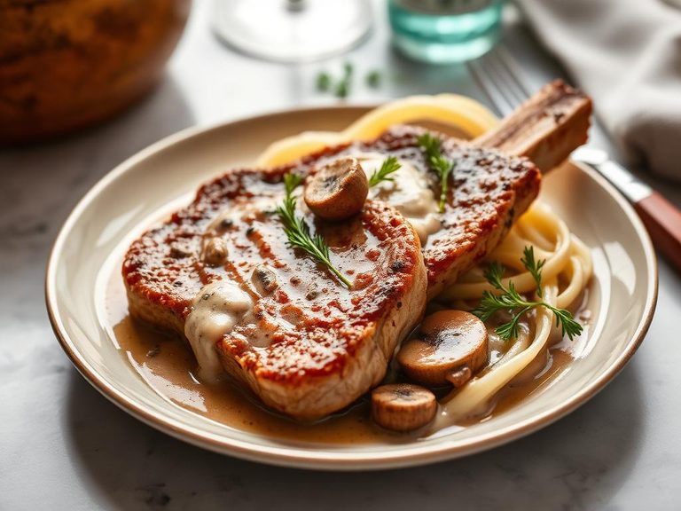 Braised pork chops in mushroom cream sauce