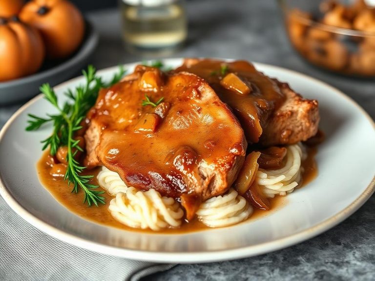 Braised pork chops with onions and gravy