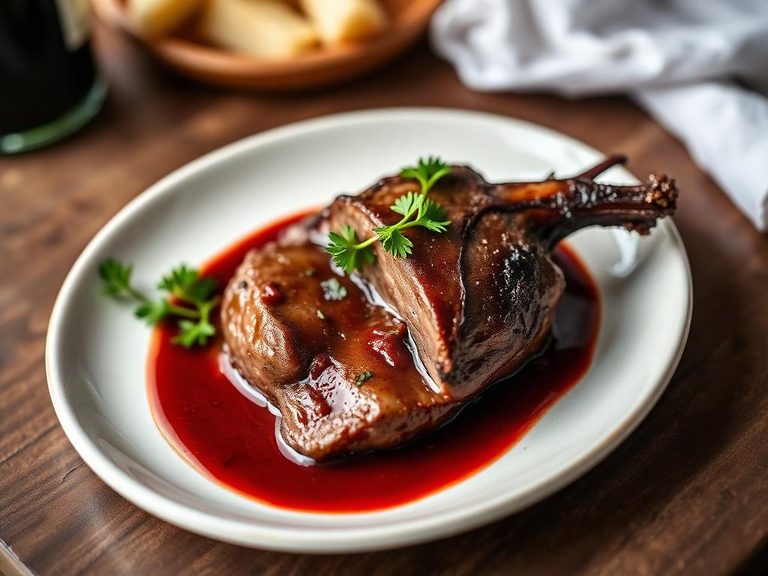Braised veal heart with red wine reduction