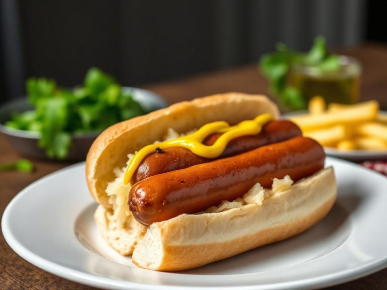 Bratwurst in a bun with mustard and sauerkraut