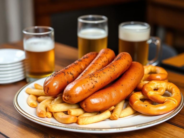 Bratwurst on a platter with pretzels and beer