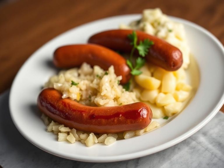 Bratwurst with sauerkraut and mashed potatoes