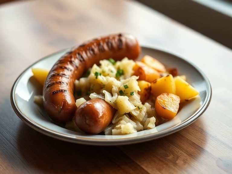 Bratwurst with sauerkraut and potatoes