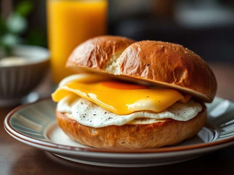Breakfast bagel sandwich with egg and cheese