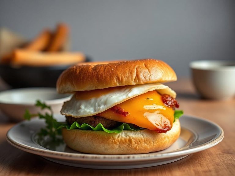 Breakfast bagel sandwich with sausage and egg