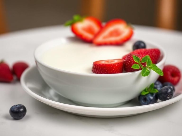 Breakfast bowl with milk and fresh berries