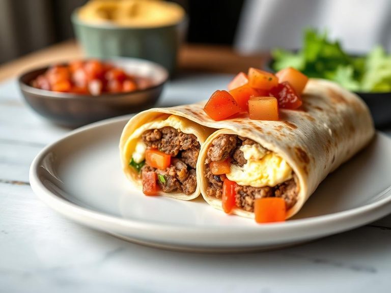 Breakfast burrito with sausage, eggs, and salsa