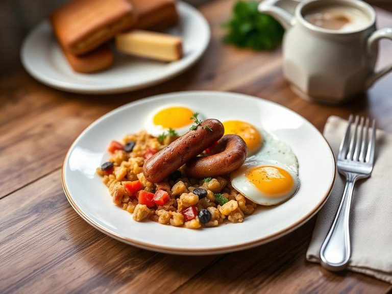 Breakfast hash with eggs and sausage