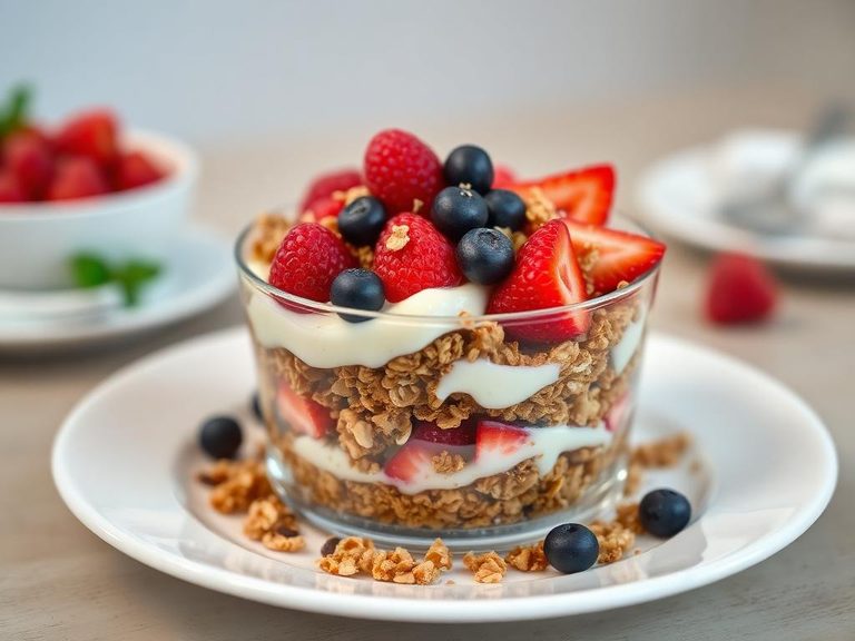 Breakfast parfait with granola and berries
