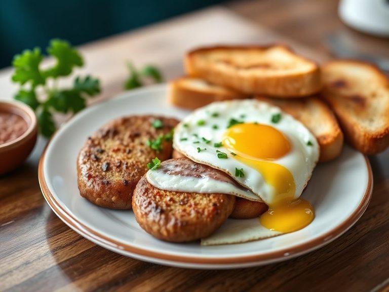 Breakfast sausage patties with eggs and toast