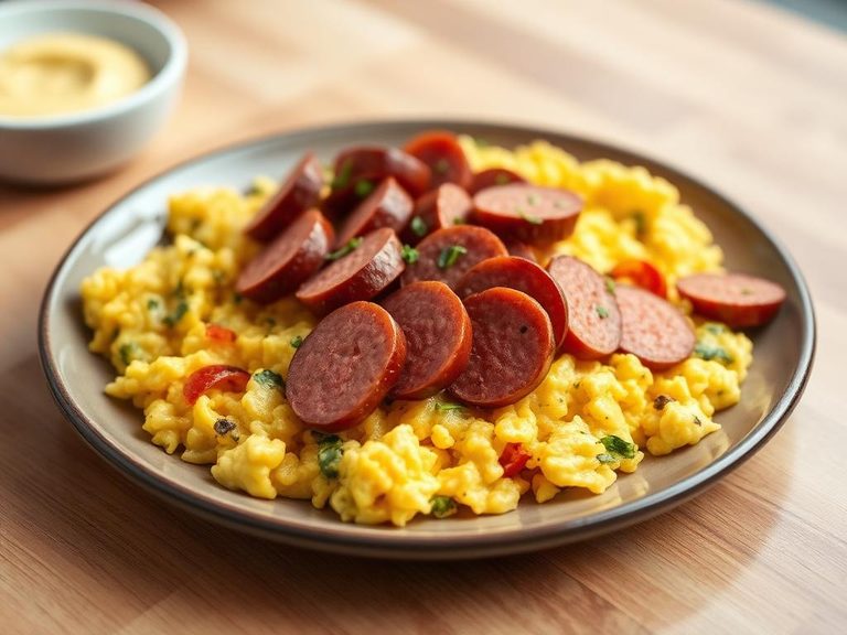 Breakfast scramble with sliced sausage