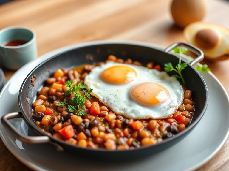 Breakfast skillet with eggs and beans