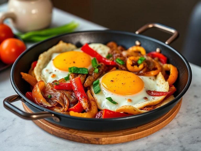 Breakfast skillet with peppers and onions