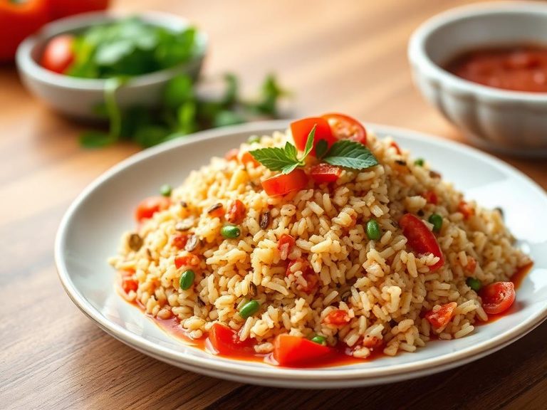 Brown rice salad with tomato dressing