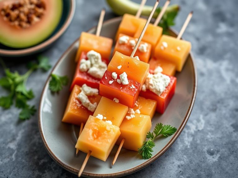 Cantaloupe and Honeydew Skewers with Feta