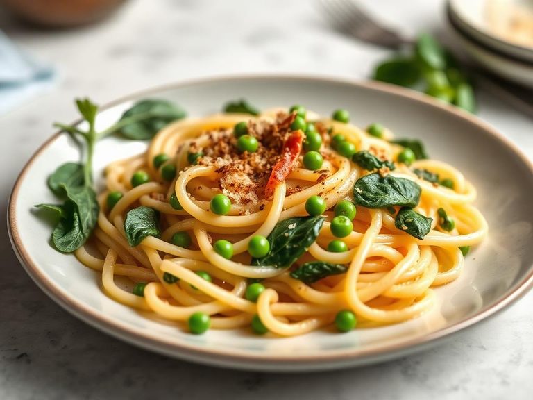 Carbonara with Added Peas and Spinach