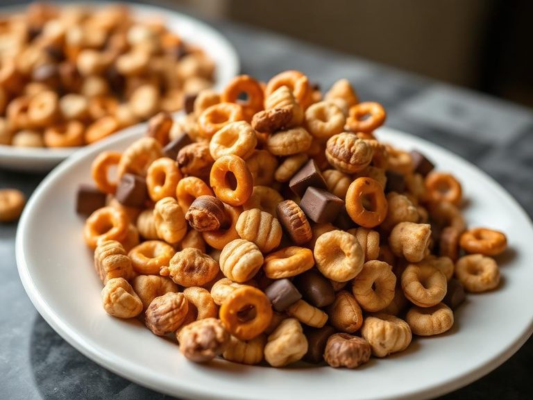 Cheerio snack mix (with nuts, pretzels, and chocolate)