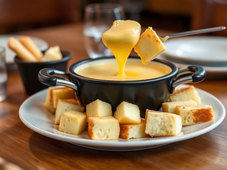 Cheese fondue with bread cubes