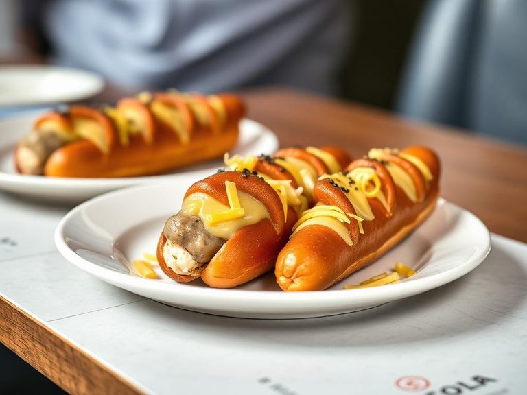 Cheese-topped pretzel dogs