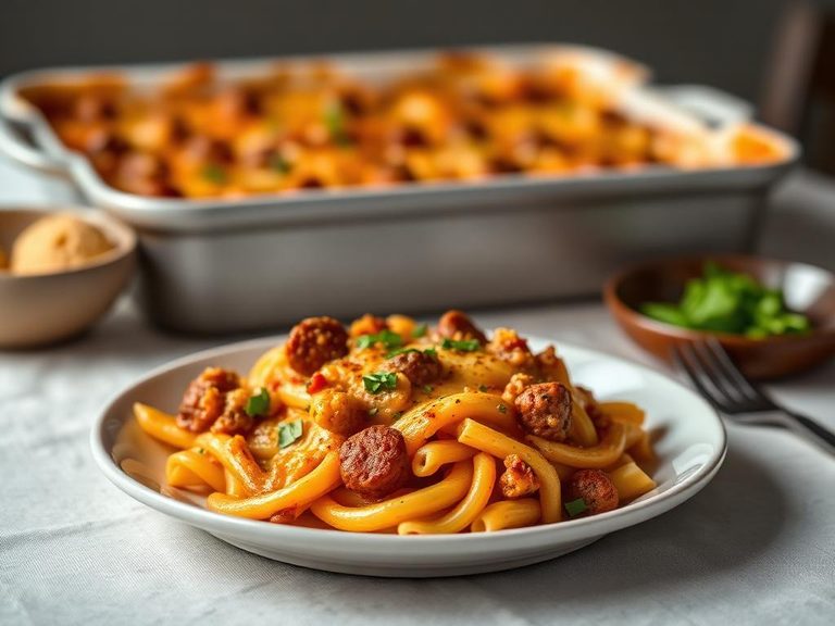 Cheesy sausage pasta bake